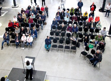 Community meeting to save YMCA at The Machine Shop on Saturday, April 27, 2023 in Sault Ste. Marie, Ont. Ann Ciaschini speaks. . (BRIAN KELLY/THE SAULT STAR/POSTMEDIA NETWORK)