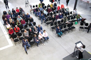 Community meeting to save YMCA at The Machine Shop on Saturday, April 27, 2023 in Sault Ste. Marie, Ont. Ann Ciaschini speaks. . (BRIAN KELLY/THE SAULT STAR/POSTMEDIA NETWORK)