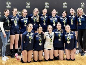 The Chatham Ballhawks 16U girls team won Division 2 Tier 2 silver medals at the Ontario Volleyball Association championship in Waterloo, Ont., on Sunday, April 7, 2024. The Ballhawks are, front row, left: Orlagh Grochmal, Anuja Sapkota, Katie Graham, Leah Hamilton and Joelle Wecker. Back row: coach Rachel Franssen, Judine Vanderveen, Lexie Ryan, Autumn Fysh, Stella Makinen, MaKayla Wilson, Norrah Leveille, Brooklyn Lozon and coach Keri Parker. (Supplied Photo)
