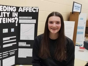 Charlotte Woodhouse with her project at the The Bluewater Regional Science and Technology Fair in Owen Sound, Ont. on Wednesday, April 4, 2024. (Scott Dunn/The Sun Times/Postmedia Network)