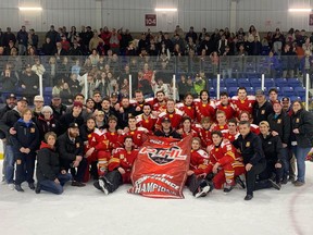The Hanover Barons won the PJHL's North Conference title over the Alliston Hornets in five games and will now play the Clarington Eagles in a Final Four best-of-seven series. Photo supplied by the Hanover Barons