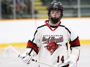 Wallaceburg Red Devils' Ty Myers plays against the Point Edward Pacers during an Ontario Jr. B Lacrosse League game at Wallaceburg Memorial Arena in Wallaceburg, Ont., on Saturday, June 4, 2022. Mark Malone/Chatham Daily News/Postmedia Network