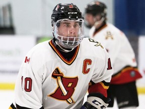 Blenheim Blades' Craig Spence (10) plays against the Essex 73's at Blenheim Memorial Arena in Blenheim, Ont., on Sunday, March 17, 2024. Mark Malone/Chatham Daily News/Postmedia Network