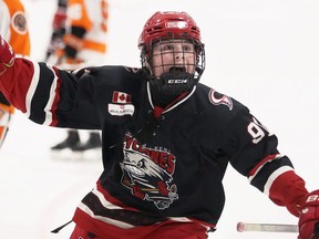 Chatham-Kent Cyclones' Blake Savage (91) celebrates a goal against the Elgin-Middlesex Canucks in Game 2 of the Alliance Hockey under-12 playdown final at Tilbury Memorial Arena in Tilbury, Ont., on Wednesday, April 3, 2024. Mark Malone/Chatham Daily News/Postmedia Network