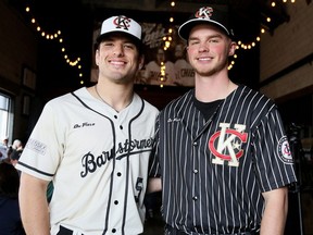 Jalen Butcher, left, and Brock Whitson model the Chatham-Kent Barnstormers' uniforms at the Sons of Kent Brewing Co. in Chatham, Ont., on Thursday, April 18, 2024. Mark Malone/Chatham Daily News/Postmedia Network