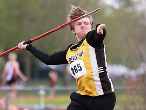 Logan Kuchta of Blenheim competes in the novice boys' javelin at the CK Relays at the Chatham-Kent Community Athletic Complex in Chatham, Ont., on Saturday, April 27, 2024. Mark Malone/Chatham Daily News/Postmedia Network