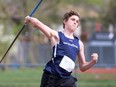 Ethan Anjema of Ursuline competes in the junior boys' javelin at the CK Relays at the Chatham-Kent Community Athletic Complex in Chatham, Ont., on Saturday, April 27, 2024. He had a winning throw of 36.69 metres. Mark Malone/Chatham Daily News/Postmedia Network