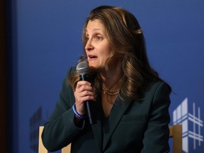 Finance Minister Chrystia Freeland delivers remarks during an event at the Peterson Institute for International Economics in Washington, D.C., April 12, 2023.