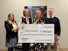 More than $900,000 in donations to the Caring for Tomorrow Endowment Fund were distributed recently to improve health care at Owen Sound hospital through its charitable foundation. From the left, Anne Robertson, foundation board chair; Ann Ford, president and CEO Brightshores Health System, Kelly Haefling, foundation board member and investment committee member, Chris Frook, foundation board member and investment committee member. (Submitted photo)