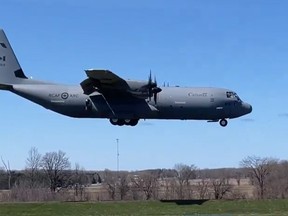 A Canadian Forces Hercules plane landed at Owen Sound Billy Bishop Regional Airport Wednesday, April 24, 2024 while in the area for training. (Screen shot of video by Owen Sound Flight Services)