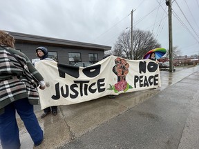 Demonstrators at the Integrated Care Hub denounce the City of Kingston’s enforcement of the daytime ban on camping in Kingston, Ont., on Wednesday, April 3, 2024. (Meghan Balogh/The Whig-Standard/Postmedia Network)