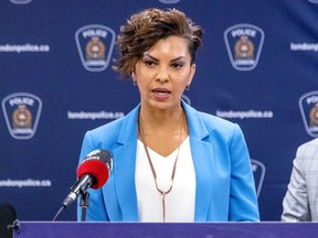 Treena MacSween speaks to reporters during a press conference where she was introduced as the newest deputy chief of the London police on Thursday April 11, 2024. (Derek Ruttan/The London Free Press)