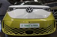 A Volkswagen bearing a licence plate reading St. Thomas Proud is shown as Prime Minister Justin Trudeau and others officially unveiled VW's electric-vehicle battery plant. Photo taken in St. Thomas on Friday April 21, 2023. (Mike Hensen/The London Free Press)