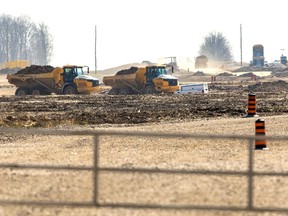 Site preparation continues at the massive Volkswagen battery gigafactory site in northeast St. Thomas. Photograph taken on Thursday, March 28, 2024. (Mike Hensen/The London Free Press)