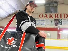 Londoner Nik Bullick, 22, has earned a spot on the Canadian national blind hockey team, just two years after suddenly losing his sight. Photo taken on April 4, 2024. (Mike Hensen/The London Free Press)
