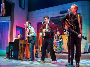 Jerry Lee Lewis (Christo Graham), left, Carl Perkins (Tyler Check), Elvis Presley (Michael Vanhevel) and Johnny Cash (Adam Stevenson) assemble to record at Sun Records in Memphis, Tenn., and play one show in Million Dollar Quartet, the Grand Theatre's season-closing production running April 16 to May 11, 2024. (Mike Hensen/The London Free Press)