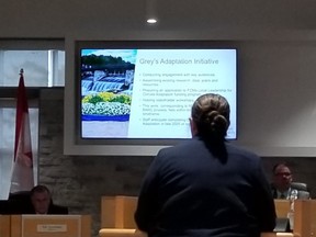 Rebecca Danard, Grey County's manager of climate change initiatives, updated council Thursday, April 11, 2024 in Owen Sound, Ont. (Scott Dunn/The Sun Times/Postmedia Network)