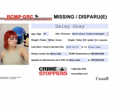 Daisy Gray, a sixteen year old youth from Slave Lake, was last seen the early morning of Apr. 27. She could be headed to Edmonton.