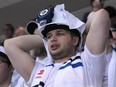 A Winnipeg Jets fan is in disbelief after the team fell to the Vegas Golden Knights in the Western Conference final in Winnipeg on May 20, 2018.