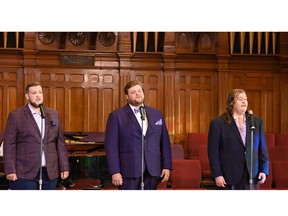 Chatham's Three Tenors are set to return to St. Andrew's United Church on Saturday. From left are Colin Bell, Andrew Derynck and Xander Bechard. (Supplied)