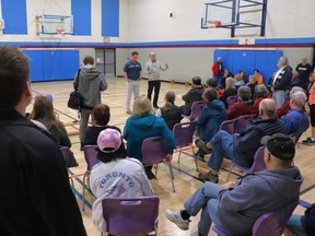 Interim CEO John Haddock and board member Jake D'Agostini answer questions from local YMCA members during Wednesday’s meeting, which took place at the recreation centre less than 24 hours after they announced that local operations would be shuttering on May 15.