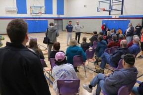 Interim CEO John Haddock and board member Jake D'Agostini answer questions from local YMCA members during Wednesday’s meeting, which took place at the recreation centre less than 24 hours after they announced that local operations would be shuttering on May 15.