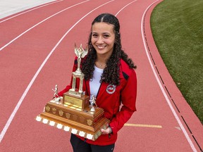 Philly Van Nooten, age 16 of Brantford has been named the Expositor Trophy winner as the Brantford Track and Field Club's athlete of the year. Brian Thompson/Brantford Expositor/Postmedia Network