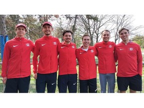 Andrew Davies, far left, of Sarnia, Ont., and Connor Black, far right, of Forest, Ont., ran for Canada's senior men's team at the world cross-country championships in Belgrade, Serbia, on Saturday, March 30, 2024. (Athletics Canada Facebook Photo)