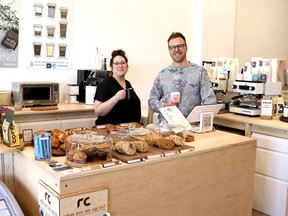 Devin Schaffner, right, is seen here with artist and barista Shannon Young, at the Rekindle Coffee mobile coffee bar located in Rad Studio at 268 King St. W. in Chatham. (Ellwood Shreve/Chatham Daily News)