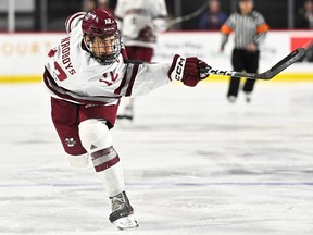 Lucas Vanroboys of Thamesville, Ont., playing in the American Hockey League with the San Jose Barracuda after finishing his NCAA career at the University of Massachusetts. (Thom Kendall/UMass Athletics)