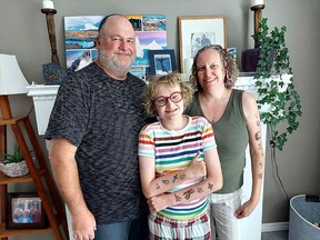 Chord Jaques, who was 11 in this photo taken last August, with his parents Ben and Tara Jaques, were relieved Health Canada approved the medication Livmarli that keeps the affects of Alagille Syndrome in check for Chord, who was born with a cholestatic liver. Now they hope the medication can be widely accessible to others in across Canada. (Ellwood Shreve/Chatham Daily News)