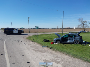 Two people were injured in a crash between a car and big rig in the Township of Zorra, in rural Oxford County, on April 26, 2024. Police photo
