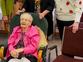 Hazel Huras celebrated her 100th birthday April 2 along with her daughters, Faye (back, left), Nancy and Susan, other relatives and friends. SUBMITTED