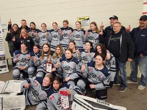The Chatham Kent U15 C Crush celebrate their 2023-24 Western Ontario Girls Hockey League championship in Clinton, Ont., on Saturday, April 6, 2024. (Supplied Photo)