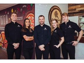 The five siblings who own Pizza Salvatoré include (from left) Sébastien, Katarina, Guillaume Jr., Elisabeth, and Frédéric Abbatiello. The pizzeria is based in Quebec City.
