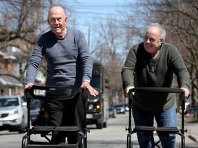Columnist Bruce Deachman, 60, right, recently underwent a double hip replacement and, while out with his walker this past winter, he met Joe Falsatti, with a similar walker. Despite both men living on the same street for decades each, they'd never met until Joe, 89, challenged Deachman to a race.