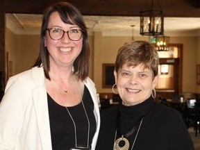 Karen Ruetz, left, an organizer of Books in the Bruce and guest speaker at the April 16 meeting, is thanked by Dianne Simpson. Christine Roberts photo