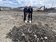 Cochrane Mayor Jeff Genung (left) poses with Calgary Co-op CEO Ken Keelor (right) on Thursday, April 18, 2024 for the groundbreaking ceremony for new store slated to open in 2025.