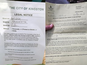On the left is a legal notice handed out at the Belle Park encampment by City of Kingston Bylaw Enforcement officers as part of their enforcement of the daytime ban on camping in Kingston, Ont., on Tuesday, April 2, 2024. On the right is a notice of trespass and order to discontinue disseminated by City of Kingston Bylaw Enforcement officers in March 2023.