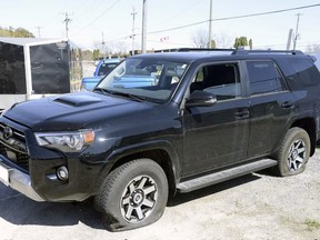 The vehicle that had been reported stolen and was located by Ontario Provincial Police on Highway 401 in Marysville, Ont., on Monday, April 22, 2024.