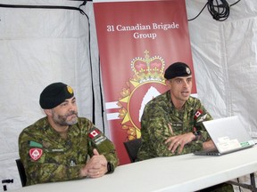 The 31 Canadian Brigade Group is holding a military exercise throughout Huron and Bruce counties May 3-5. Pictured at a press conference in Blyth on April 20 are CWO Roger Gonsalves, left, and Lt. Col. Christopher van den Berg.