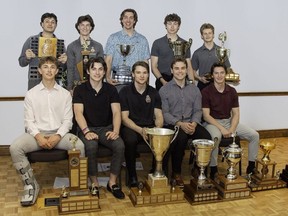 The winners at the Sarnia Legionnaires’ annual awards ceremony for the 2023-24 GOJHL season include, front row, left: Matthew Andersen, Jimmy Monks, Ty Moffatt, Jace McGrail and Austin Harper. Back row: Anthony Tudino, Colin Langstaff, Wesley Brooks, Logan Phillips and Ryan Richardson. Moffatt won the MVP award, McGrail was the best defenceman, Harper was the leading scorer, McGrail and Moffatt won the people’s choice award, McGrail and Harper shared the scholastic player of the year award, Tudino won the Spirit Award, Phillips was the most dedicated player, Langstaff was the most improved player, Richardson was the outstanding playoff performer, Brooks won the Coaches Award, and Andersen and Monks shared the rookie of the year award. (Shawna Lavoie Photography)