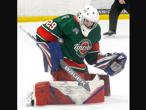 St. Marys Lincolns goalie Brandon Abbott makes a save during a GOJHL Jr. B playoff game against the Strathroy Rockets at the West Middlesex Memorial arena in Strathroy on Tuesday March 26, 2024. (Derek Ruttan/The London Free Press)
