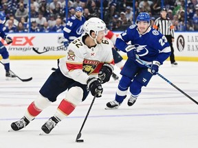 Brandon Montour (62) of the Florida Panthers carries the puck in the second period against the Tampa Bay Lightning during Game 3 of their Stanley Cup first-round playoff series at Amalie Arena on April 25, 2024 in Tampa, Florida. (Photo by Julio Aguilar/Getty Images)