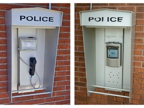 The OPP have installed new e-phones (right) for after-hour use outside 20 of the 34 police detachments in Southwestern Ontario. The old phone is shown on the left. (OPP photo)