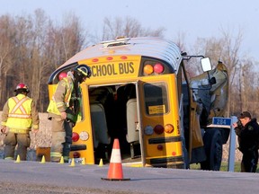 Six children and the driver of a school bus were taken to hospital Monday after the bus collided with a truck along Route 400 at MacDonald and Leclerc roads in Russell on Monday afternoon.