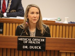 Dr. Karalyn Dueck, Lambton County's medical officer of health, speaks Wednesday at a meeting of Lambton County council.