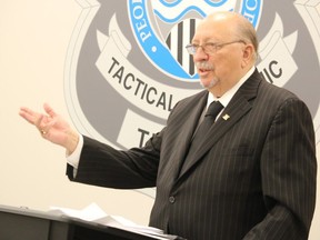 Sarnia-Lambton MPP Bob Bailey speaks at a swearing-in ceremony for new Sarnia police officers in 2022.