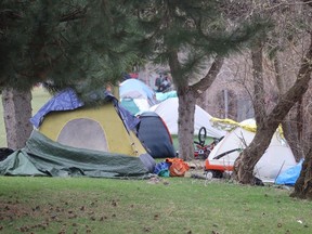 Tents are pictured in Sarnia's Rainbow Park April 9, 2024. (Paul Morden/ The Observer)