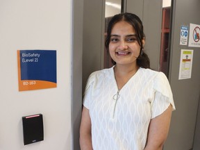 Student researcher Srijana Sapkota stands outside a new bio safety lab that has opened at Lambton College in Sarnia. The lab is part of a $4.3-million chemistry wing renovation completed at the college.